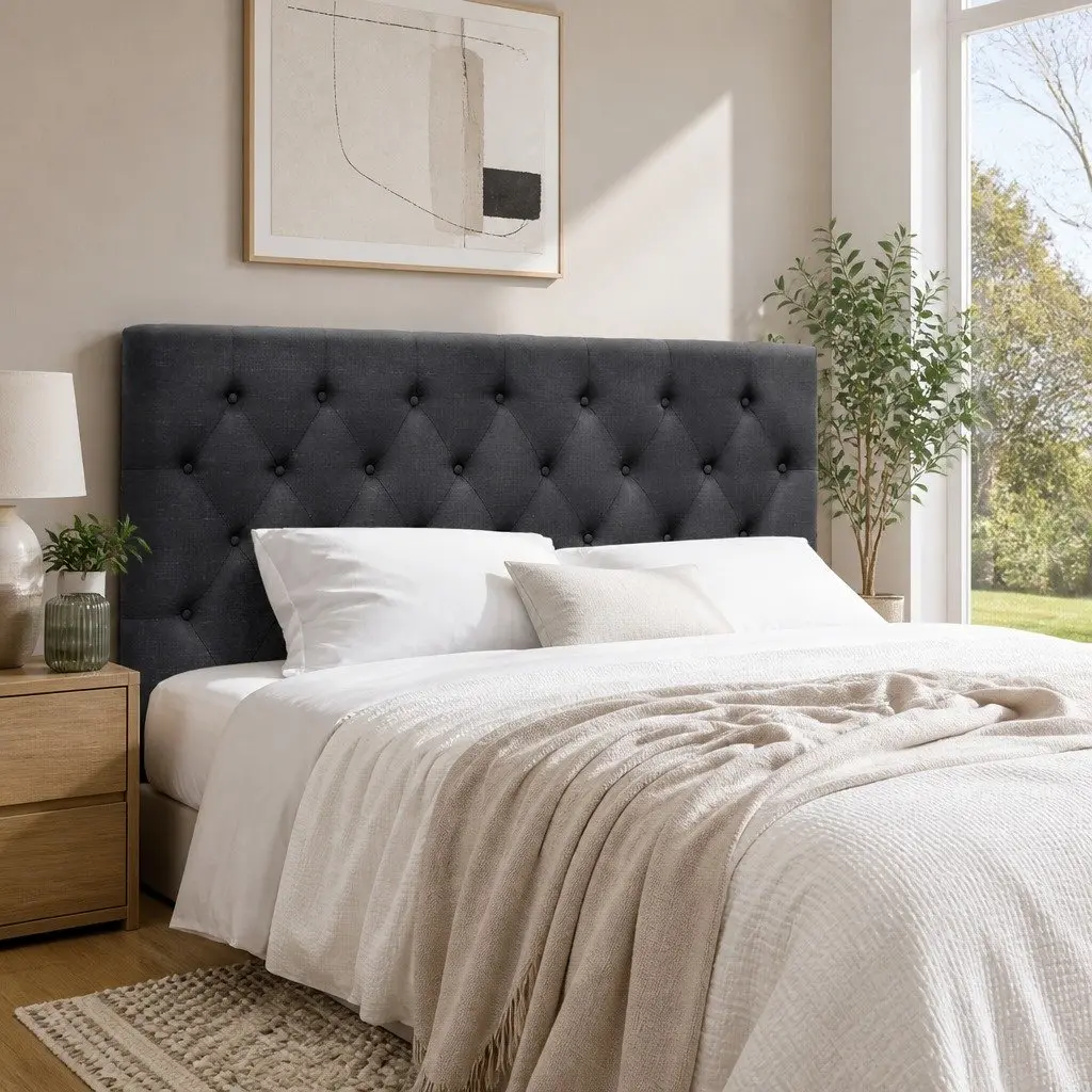 Queen Size Bed Headboard Upholstered Padded Button Tufted Charcoal Faux Linen Fabric