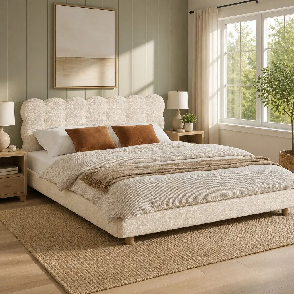 Cloud Headboard Double Bed Frame with Boucle Upholstery