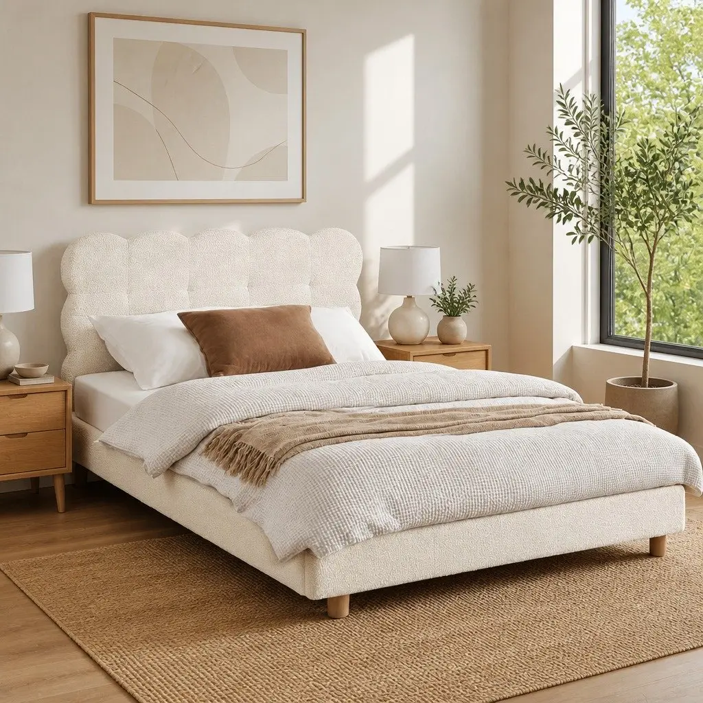 King Single Bed Frame Cloud Headboard Boucle Fabric Platform White Modern