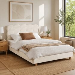 King Single Bed Frame Cloud Headboard Boucle Fabric Platform White Modern