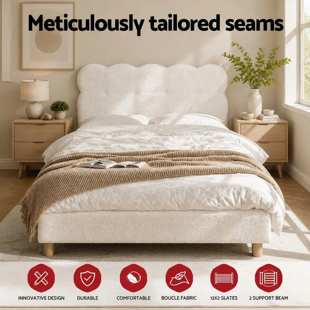 King Single Bed Frame Cloud Headboard Boucle Fabric Platform White Modern