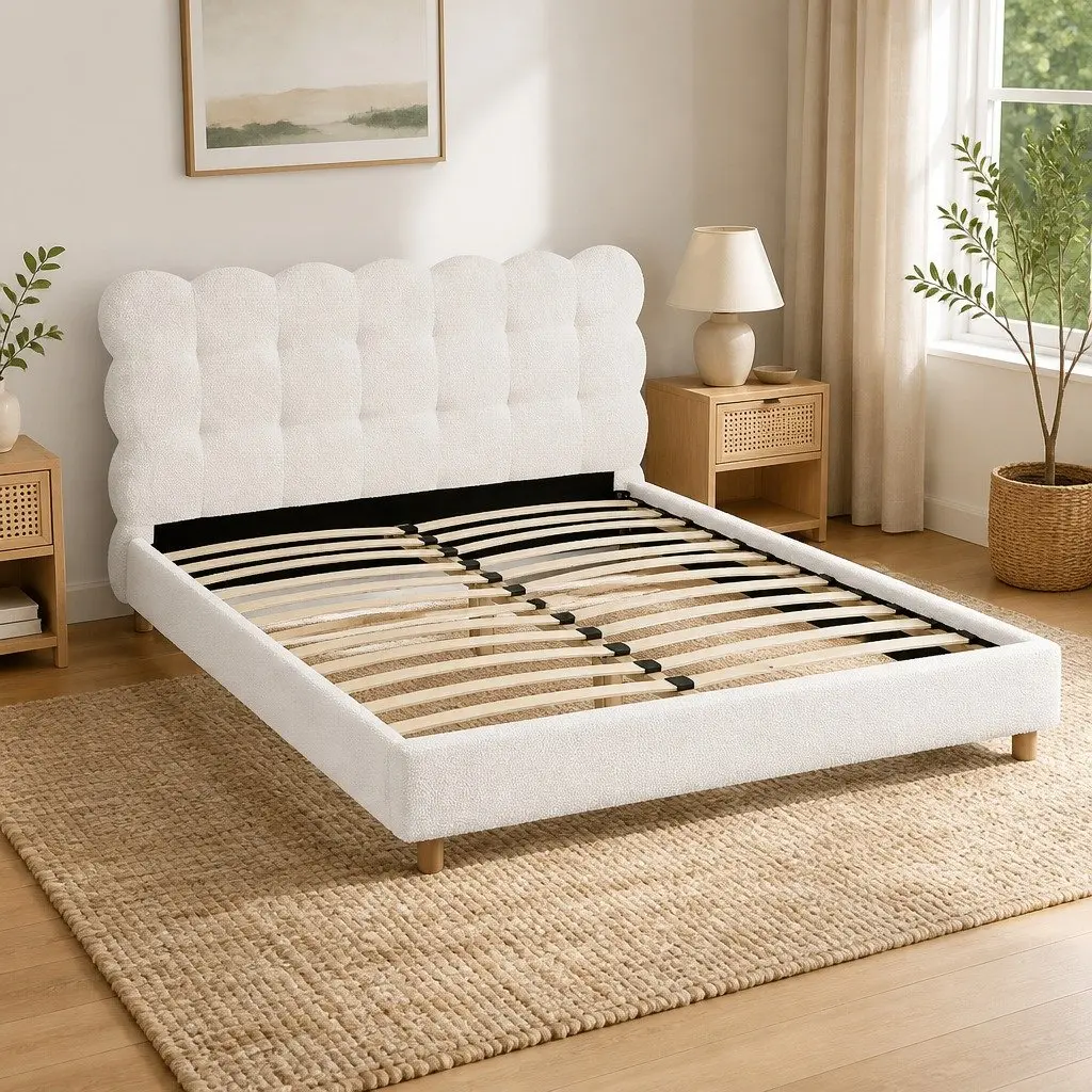 Queen Bed Frame Cloud Headboard Boucle Fabric White Modern 215cm L x 171cm W x 96.5cm H Pine Wood Metal