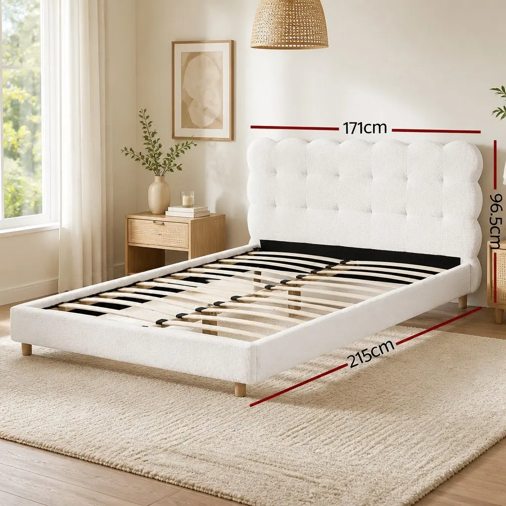 Queen Bed Frame Cloud Headboard Boucle Fabric White Modern 215cm L x 171cm W x 96.5cm H Pine Wood Metal