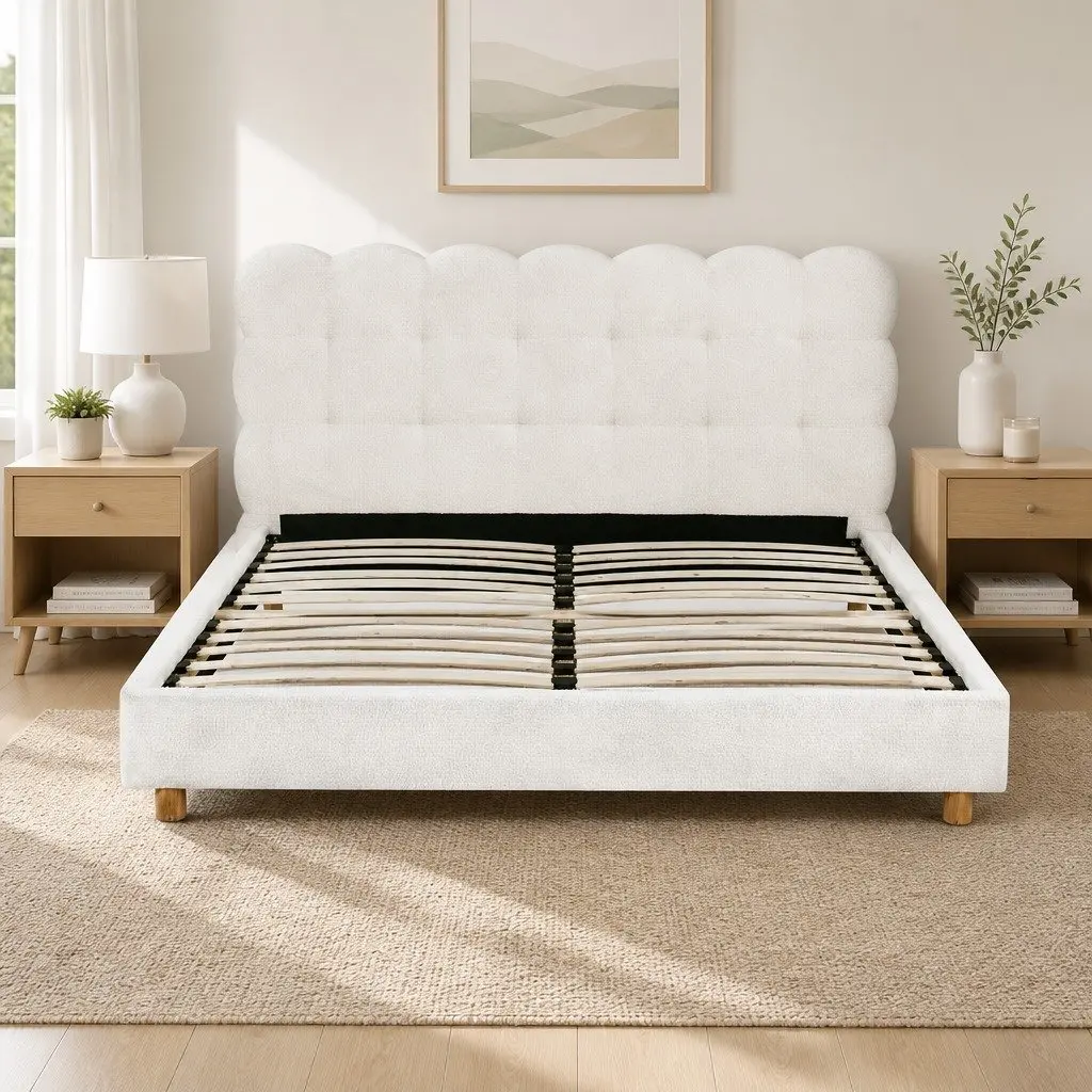 Queen Bed Frame Cloud Headboard Boucle Fabric White Modern 215cm L x 171cm W x 96.5cm H Pine Wood Metal