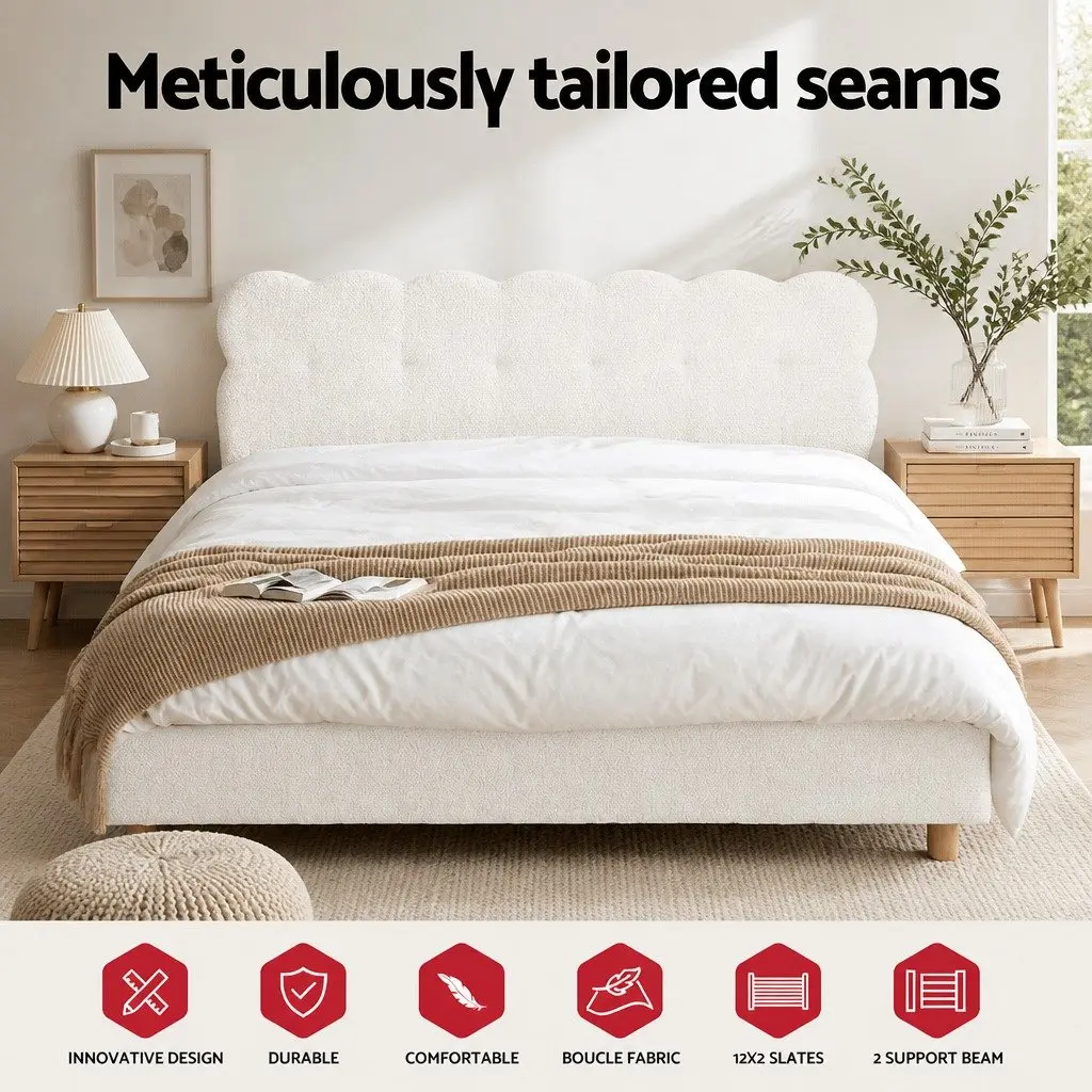 Queen Bed Frame Cloud Headboard Boucle Fabric White Modern 215cm L x 171cm W x 96.5cm H Pine Wood Metal