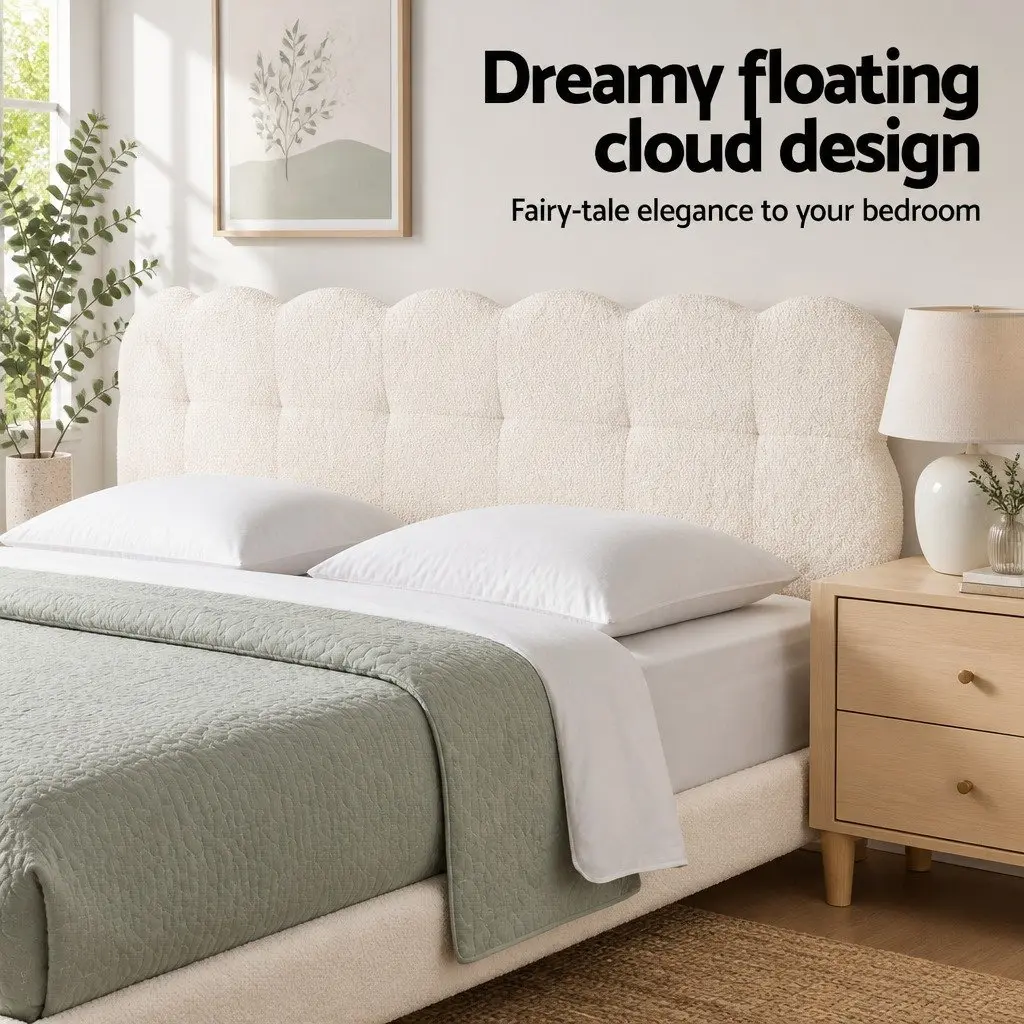 Queen Bed Frame Cloud Headboard Boucle Fabric White Modern 215cm L x 171cm W x 96.5cm H Pine Wood Metal