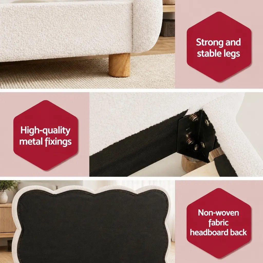 Queen Bed Frame Cloud Headboard Boucle Fabric White Modern 215cm L x 171cm W x 96.5cm H Pine Wood Metal