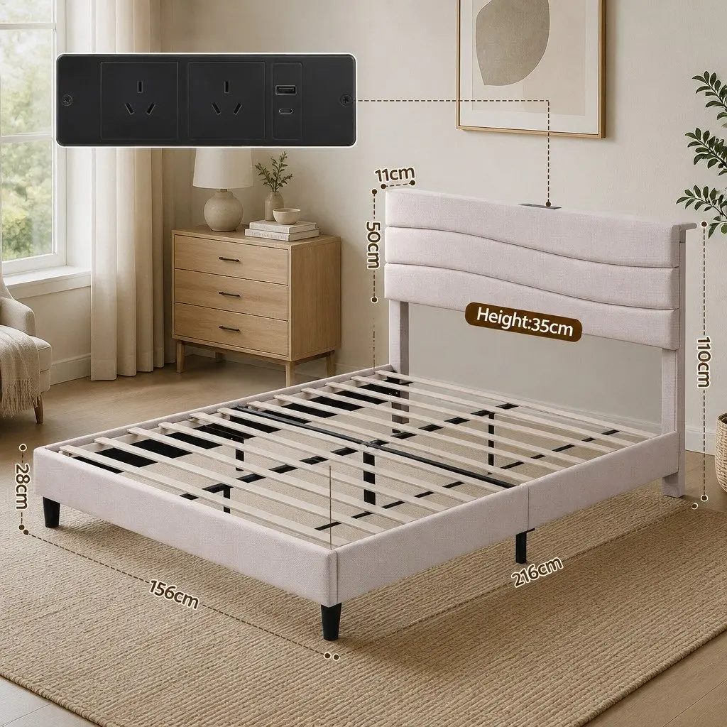 Queen Bed Frame with Storage Headboard Charging Ports Platform Base Beige Linen