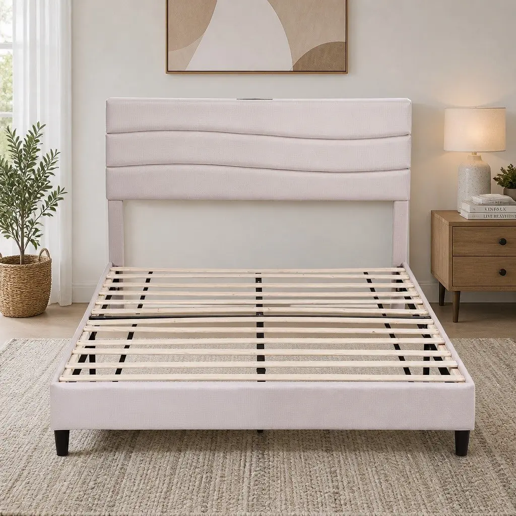 Queen Bed Frame with Storage Headboard Charging Ports Platform Base Beige Linen