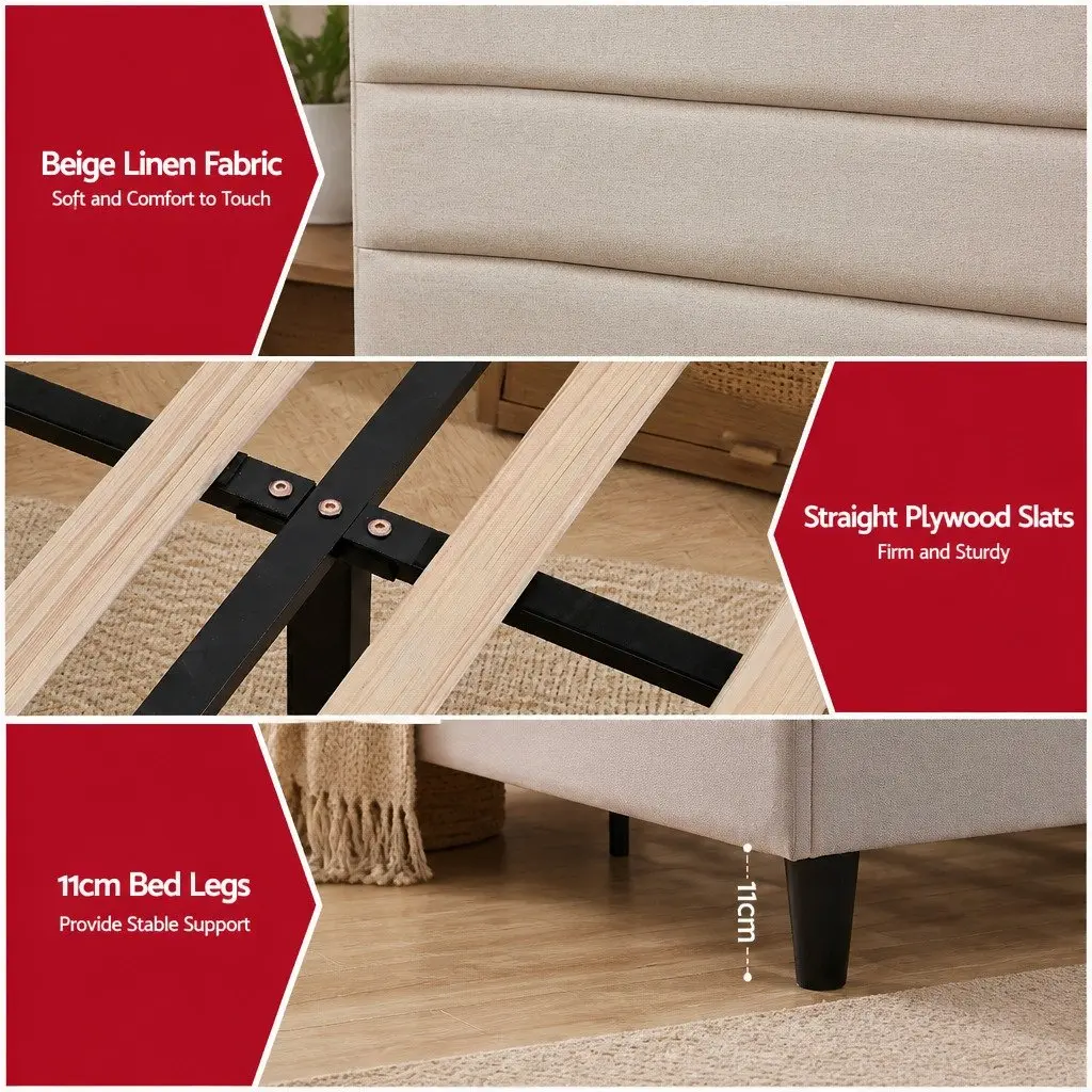 Queen Bed Frame with Storage Headboard Charging Ports Platform Base Beige Linen