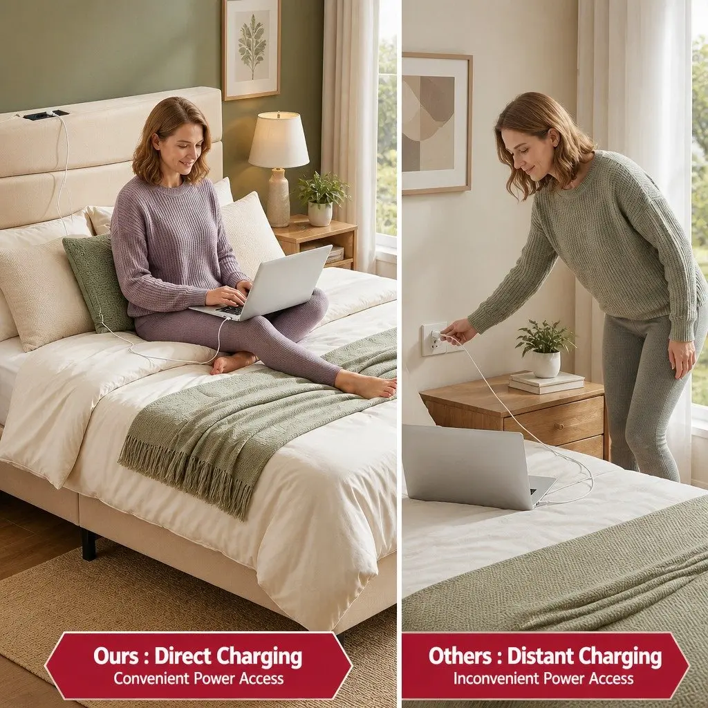 Queen Bed Frame with Storage Headboard Charging Ports Platform Base Beige Linen