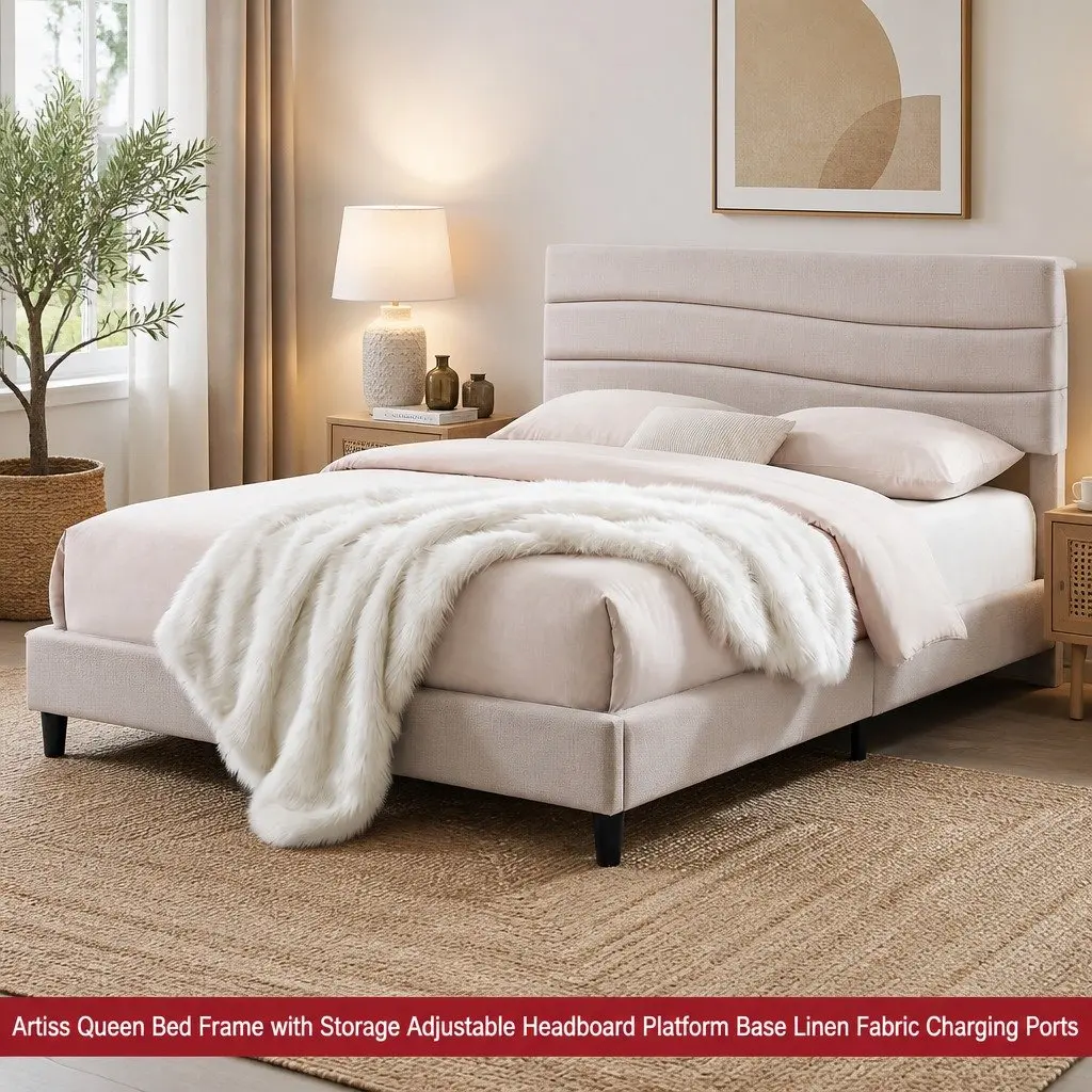 Queen Bed Frame with Storage Headboard Charging Ports Platform Base Beige Linen