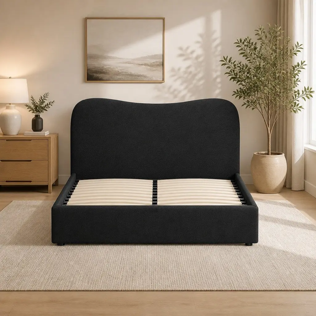Double Bed Frame Boucle Upholstered Padded Headboard Wooden Slat Support 202cm x 146cm x 92.5cm Pine Wood
