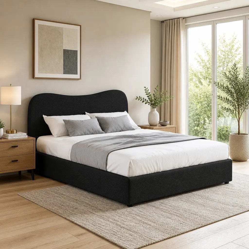 Double Bed Frame Boucle Upholstered Padded Headboard Wooden Slat Support 202cm x 146cm x 92.5cm Pine Wood
