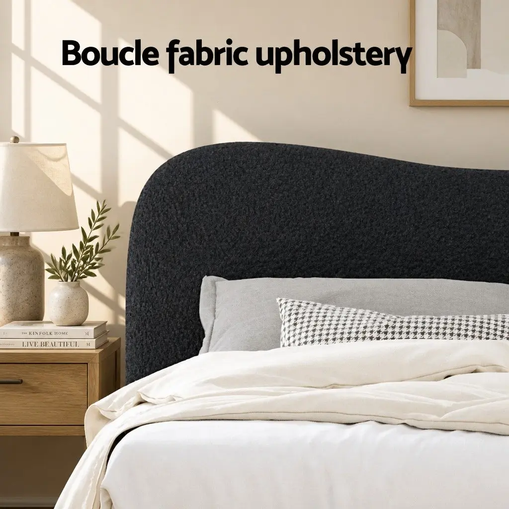 Double Bed Frame Boucle Upholstered Padded Headboard Wooden Slat Support 202cm x 146cm x 92.5cm Pine Wood