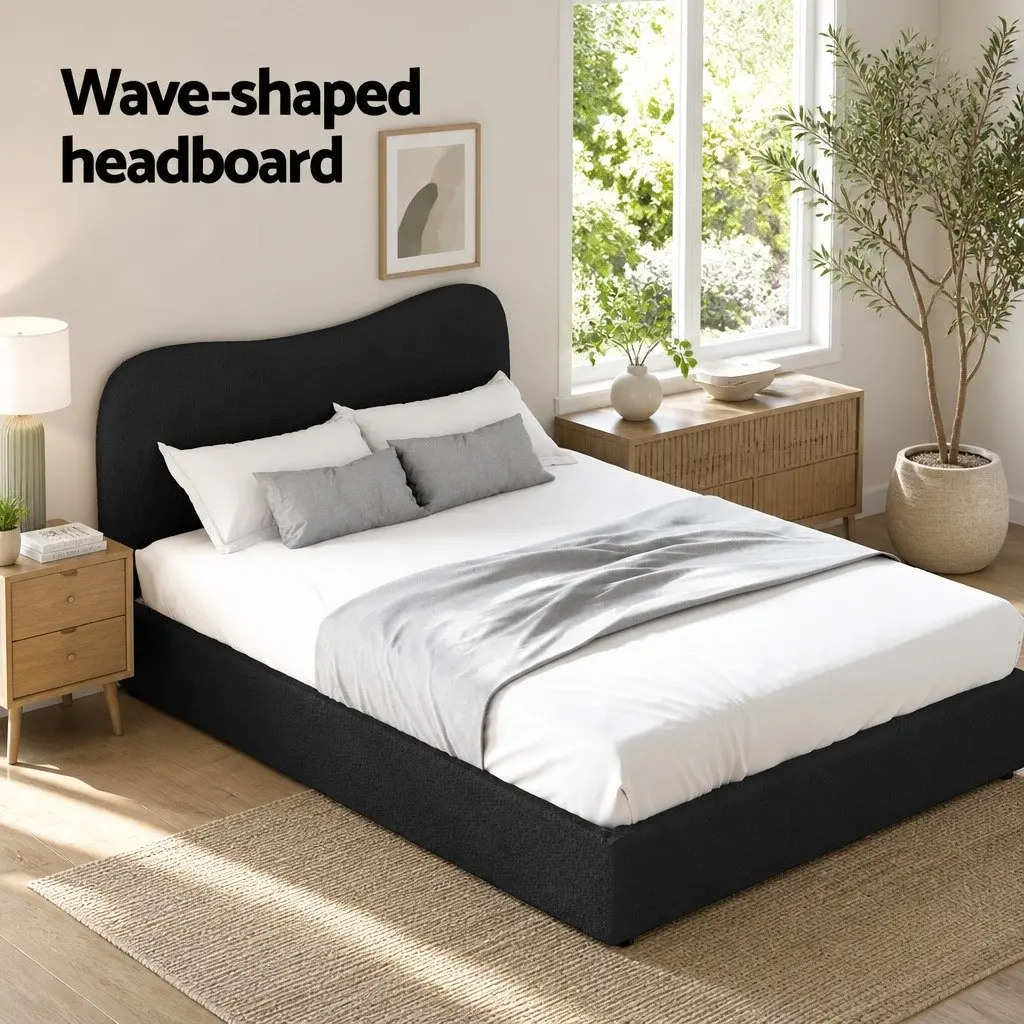 Double Bed Frame Boucle Upholstered Padded Headboard Wooden Slat Support 202cm x 146cm x 92.5cm Pine Wood