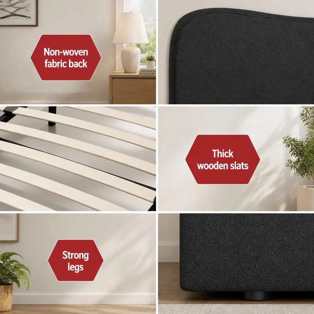 Double Bed Frame Boucle Upholstered Padded Headboard Wooden Slat Support 202cm x 146cm x 92.5cm Pine Wood