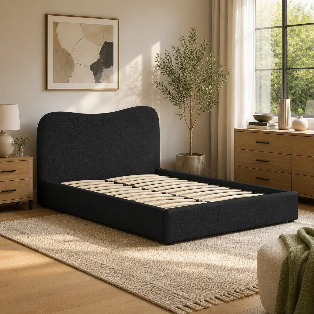 Double Bed Frame Boucle Upholstered Padded Headboard Wooden Slat Support 202cm x 146cm x 92.5cm Pine Wood