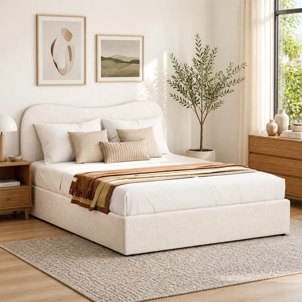 Double Bed Frame Boucle Fabric Upholstered Padded Headboard Wooden Slat Support