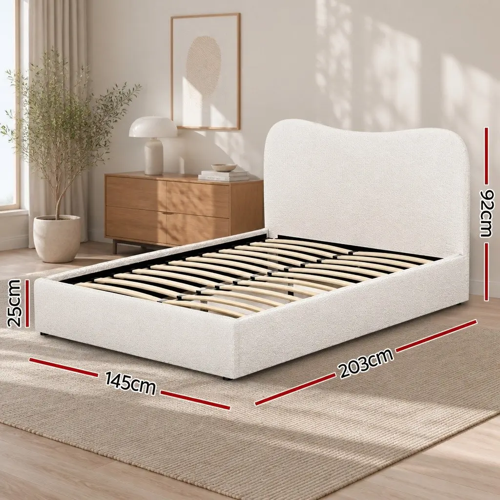 Double Bed Frame Boucle Fabric Upholstered Padded Headboard Wooden Slat Support