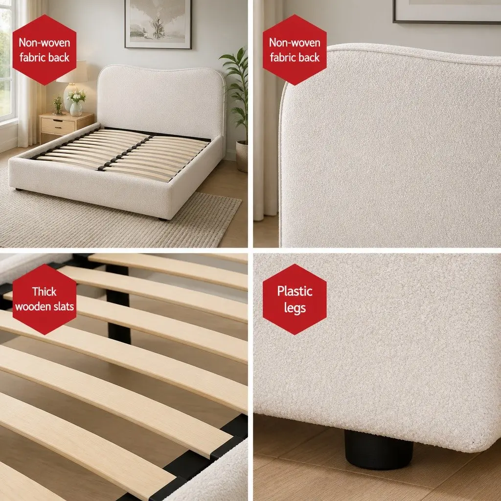 Double Bed Frame Boucle Fabric Upholstered Padded Headboard Wooden Slat Support