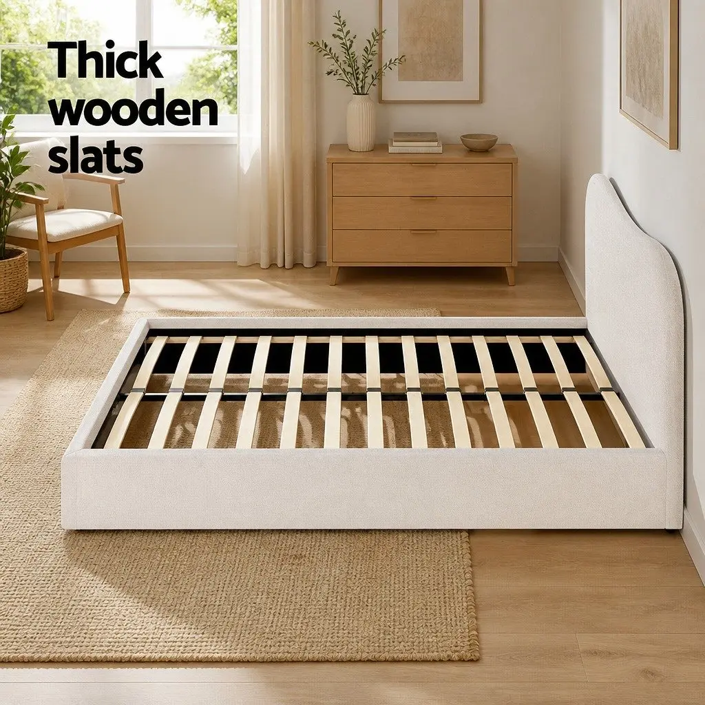 Double Bed Frame Boucle Fabric Upholstered Padded Headboard Wooden Slat Support