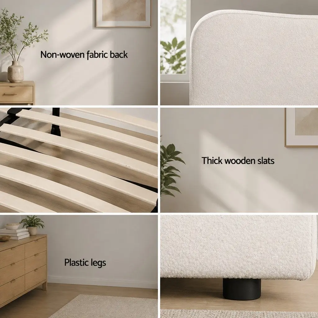 Double Bed Frame Boucle Fabric Upholstered Padded Headboard Wooden Slat Support