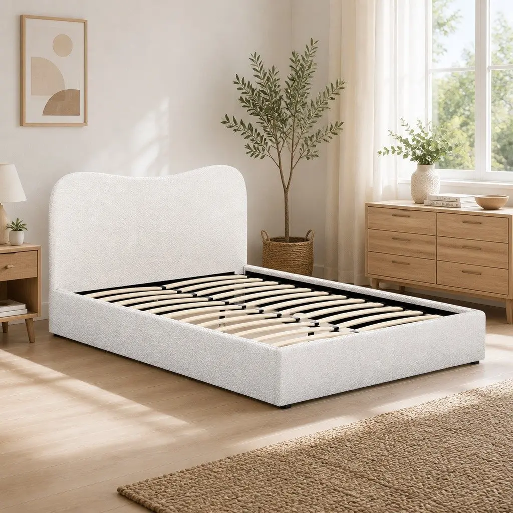 Double Bed Frame Boucle Fabric Upholstered Padded Headboard Wooden Slat Support