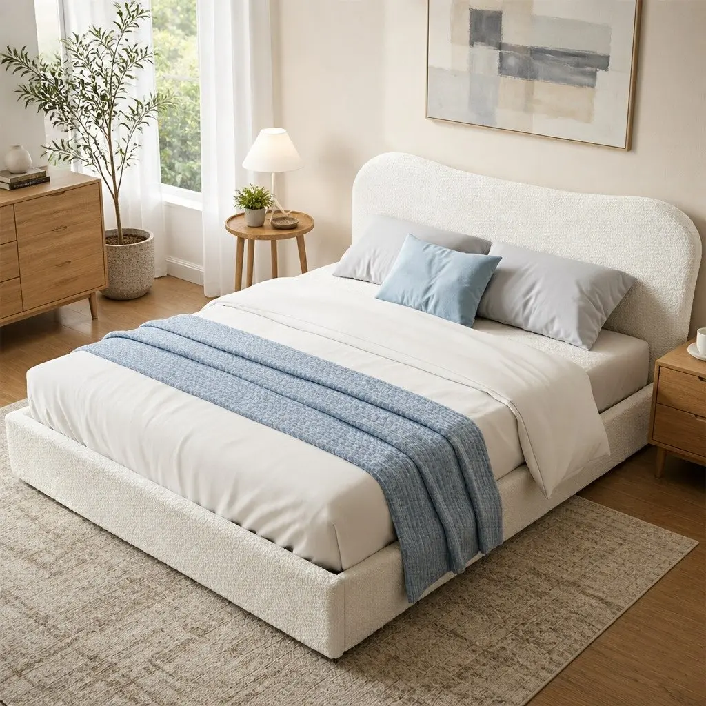 Queen Bed Frame Boucle Upholstered Gaslift Storage Wooden Platform 161W x 215L x 95H cm