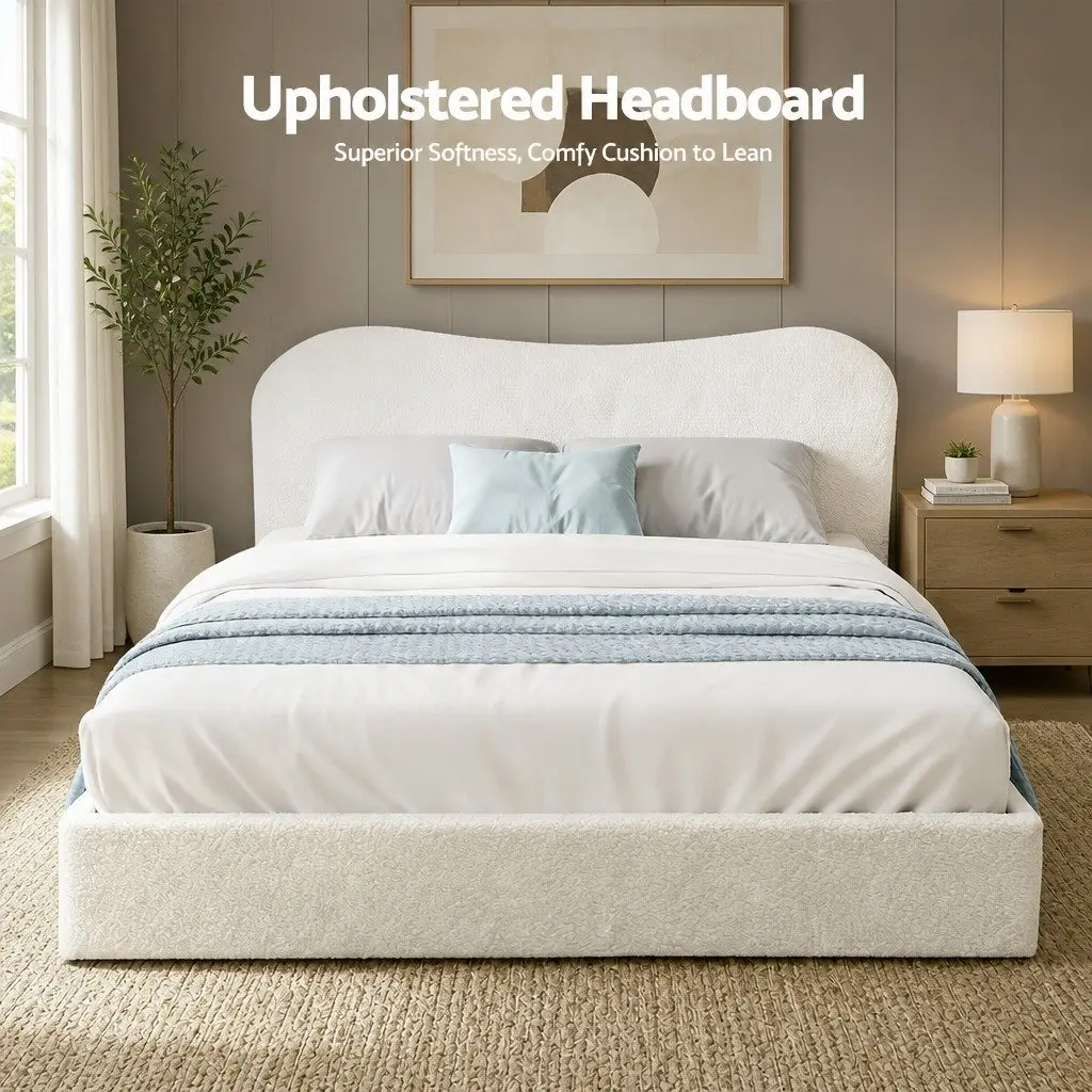 Queen Bed Frame Boucle Upholstered Gaslift Storage Wooden Platform 161W x 215L x 95H cm