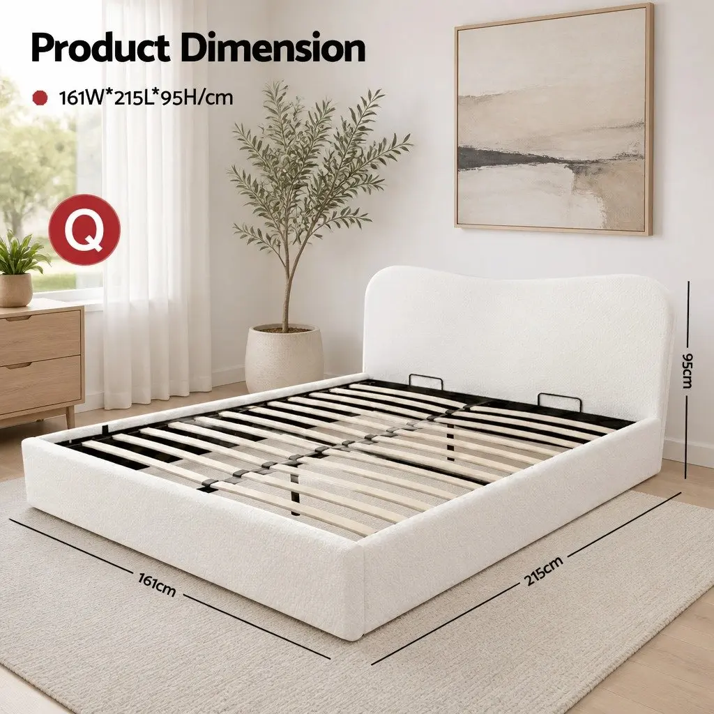 Queen Bed Frame Boucle Upholstered Gaslift Storage Wooden Platform 161W x 215L x 95H cm