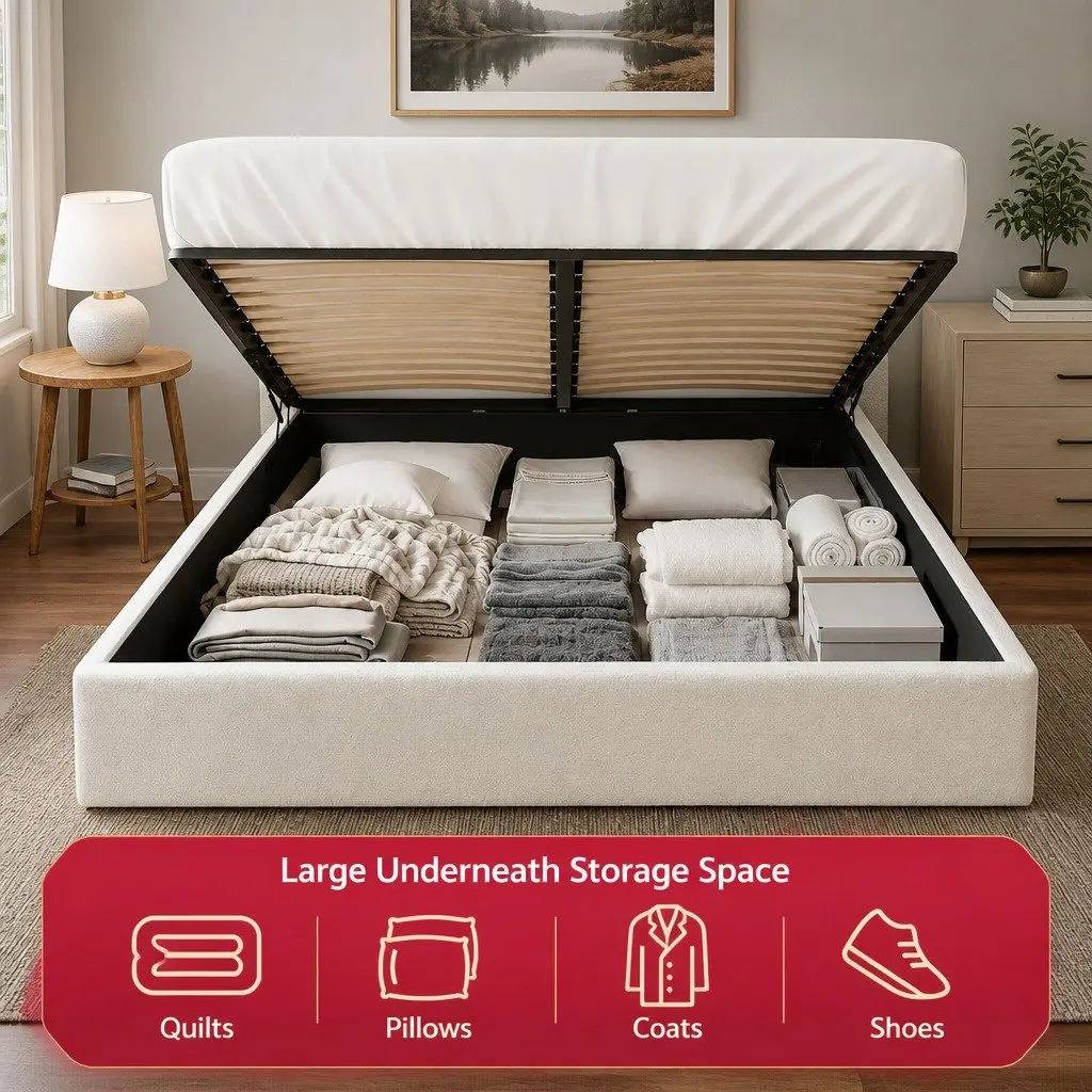 Queen Bed Frame Boucle Upholstered Gaslift Storage Wooden Platform 161W x 215L x 95H cm