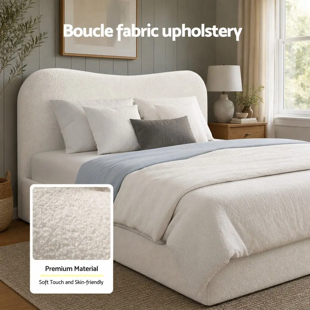 Queen Bed Frame Boucle Upholstered Gaslift Storage Wooden Platform 161W x 215L x 95H cm