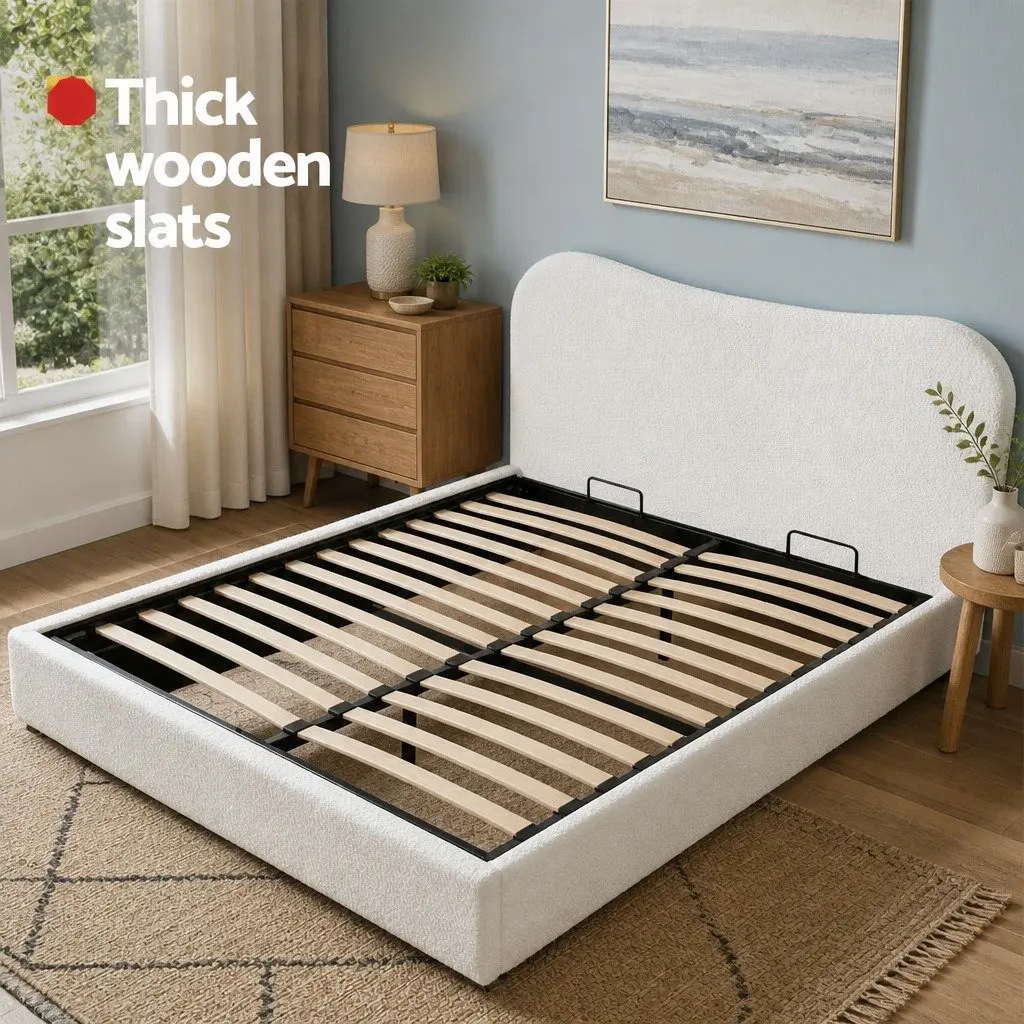 Queen Bed Frame Boucle Upholstered Gaslift Storage Wooden Platform 161W x 215L x 95H cm