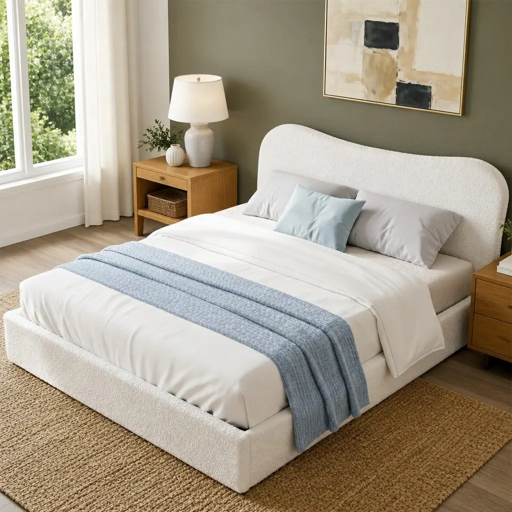 Queen Bed Frame Boucle Upholstered Gaslift Storage Wooden Platform 161W x 215L x 95H cm