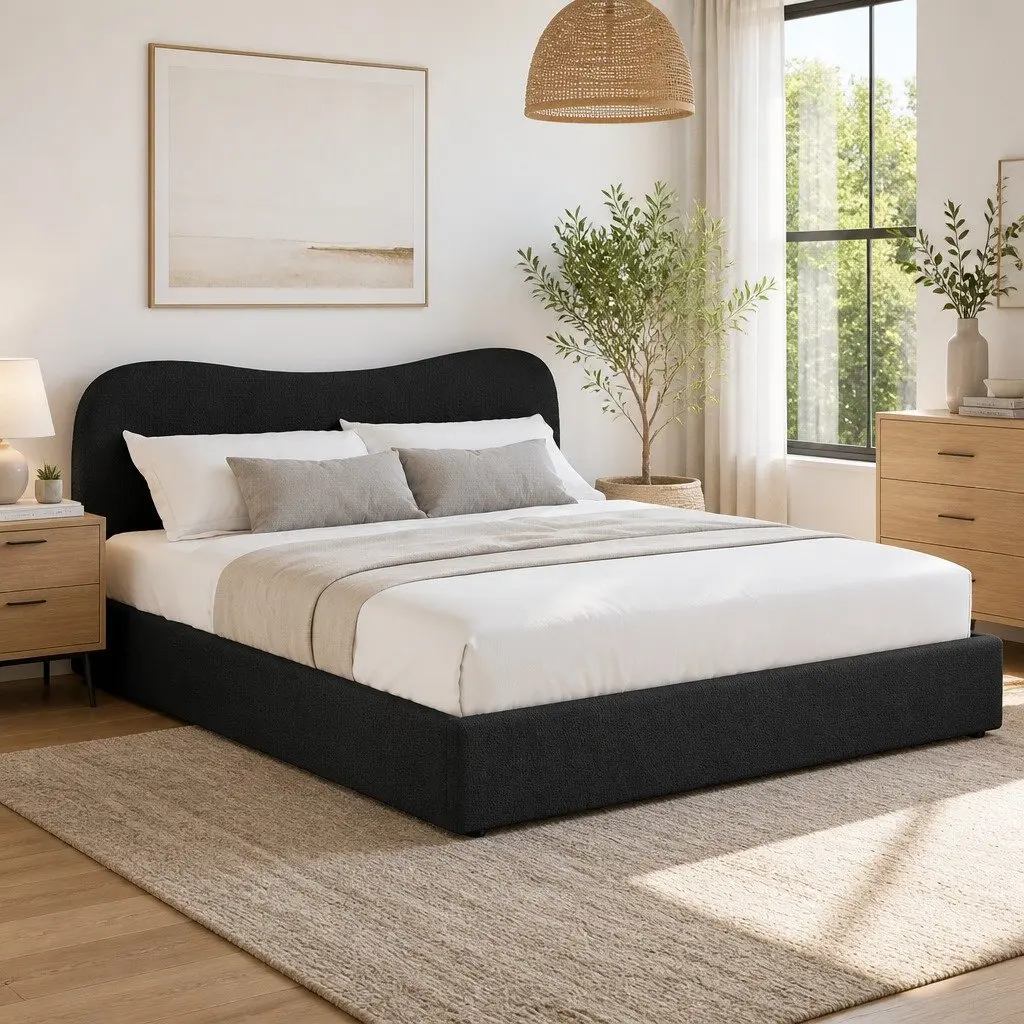 Boucle Upholstered King Size Bed Frame with Headboard