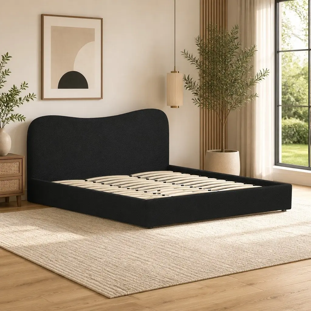 Boucle Upholstered King Size Bed Frame with Headboard