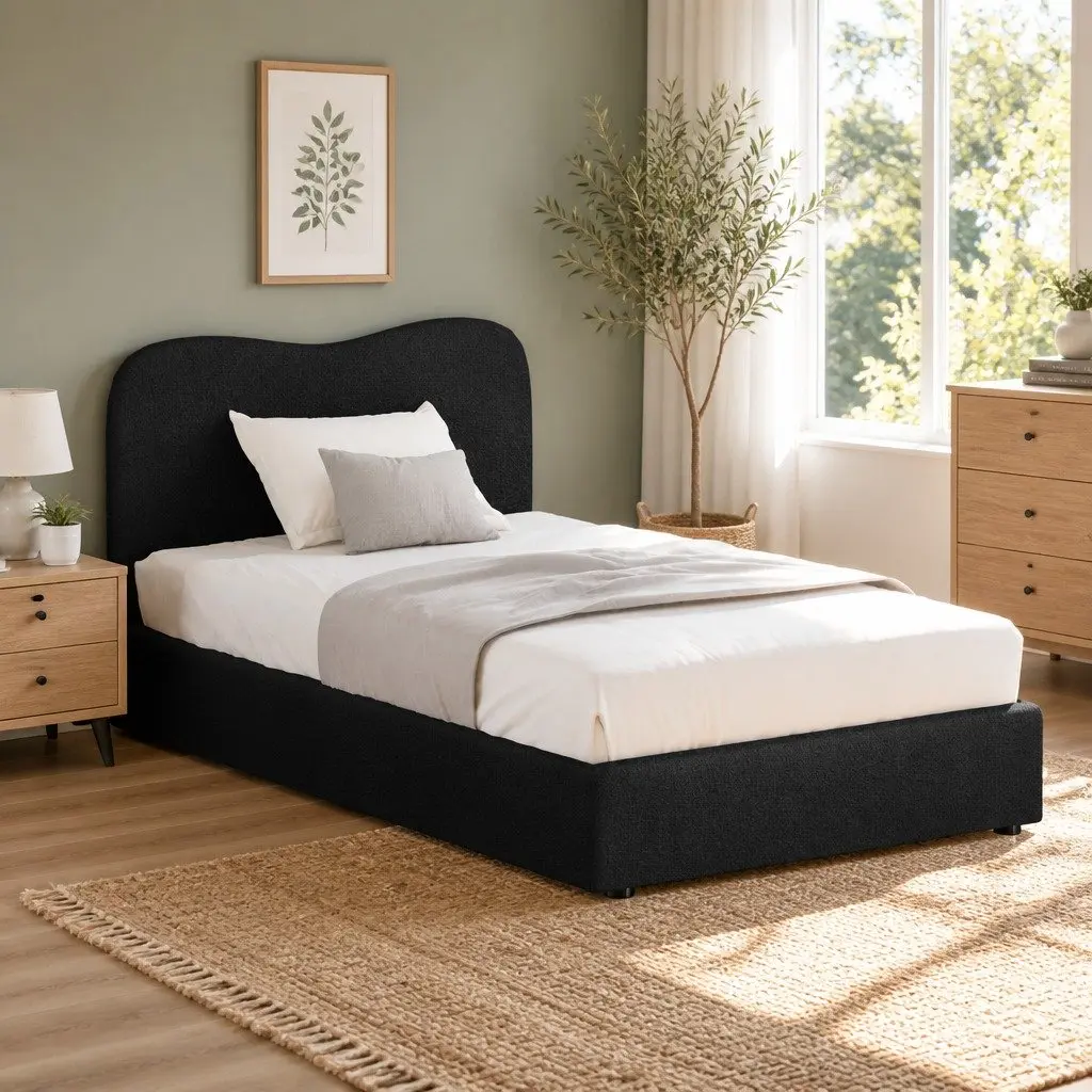 Boucle Upholstered King Single Bed Frame with Padded Headboard