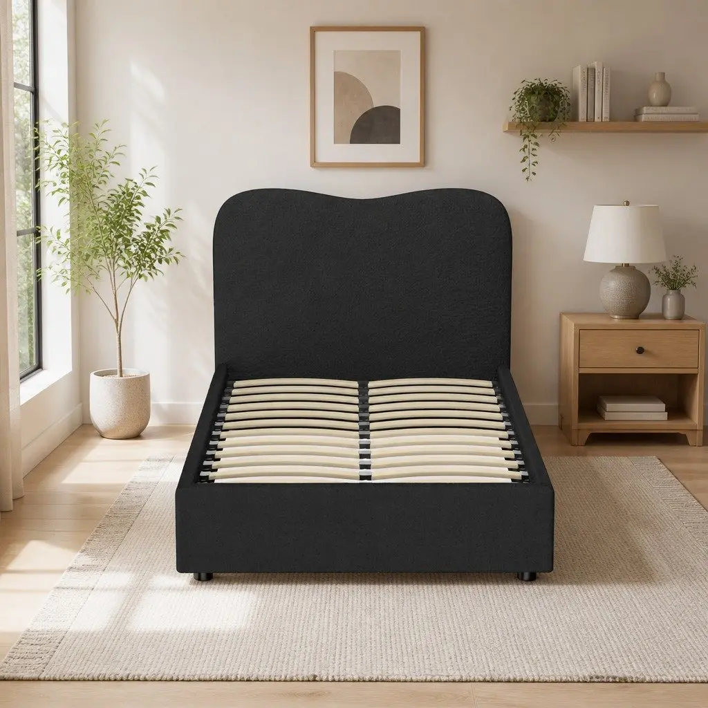 Boucle Upholstered King Single Bed Frame with Padded Headboard