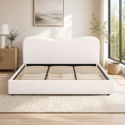 Upholstered King Size Bed Frame with Boucle Headboard