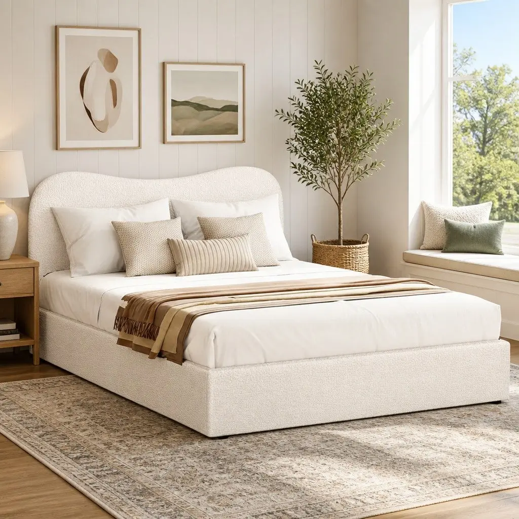 Upholstered King Size Bed Frame with Boucle Headboard
