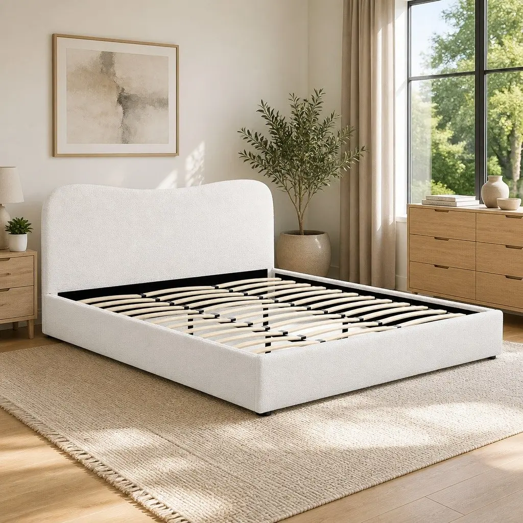 Upholstered King Size Bed Frame with Boucle Headboard