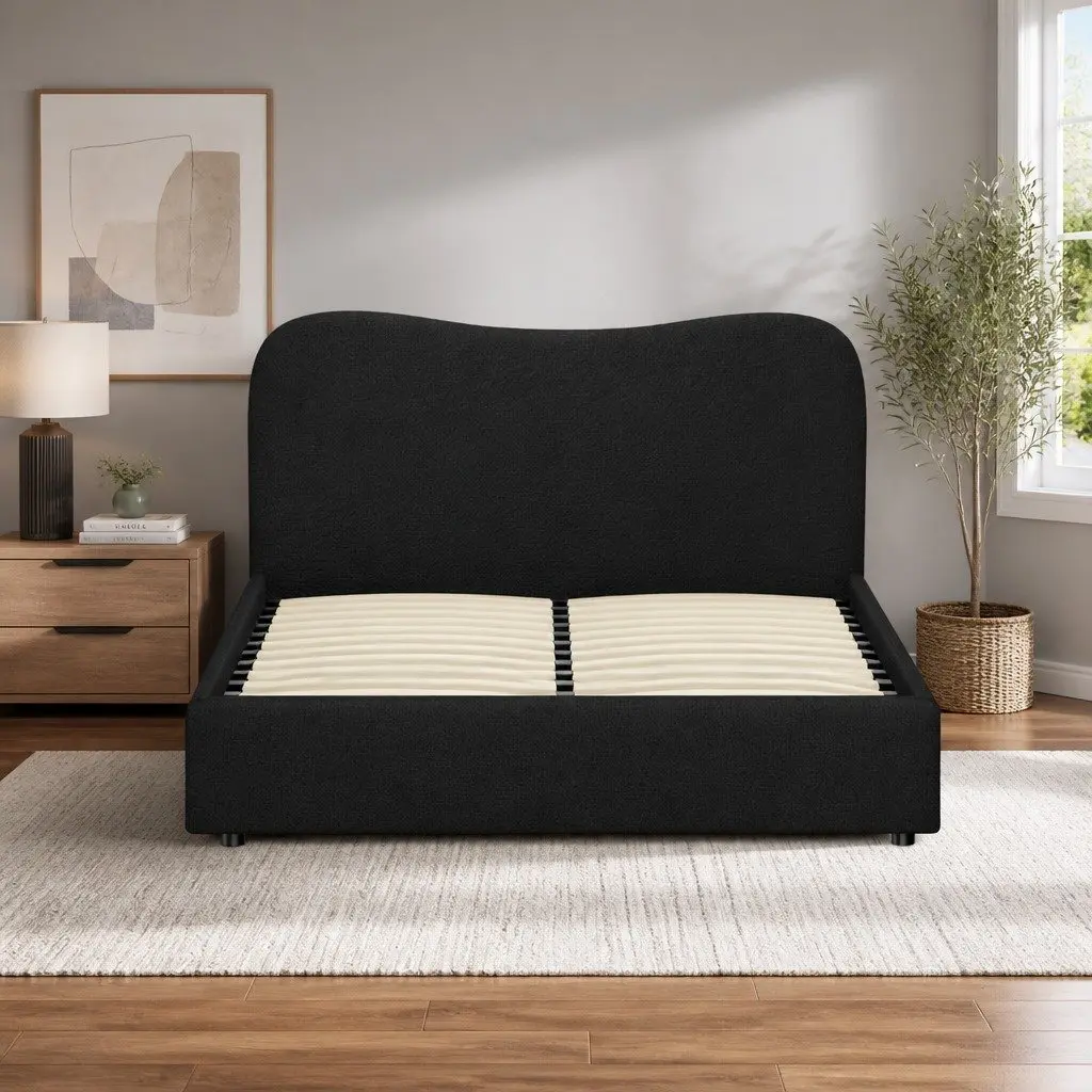 Boucle Fabric Queen Bed Frame with Wooden Support