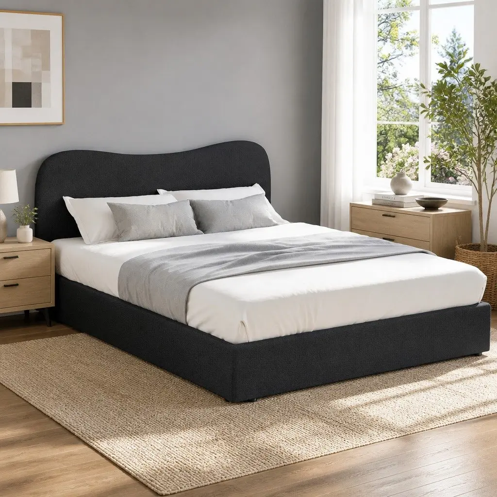 Boucle Fabric Queen Bed Frame with Wooden Support