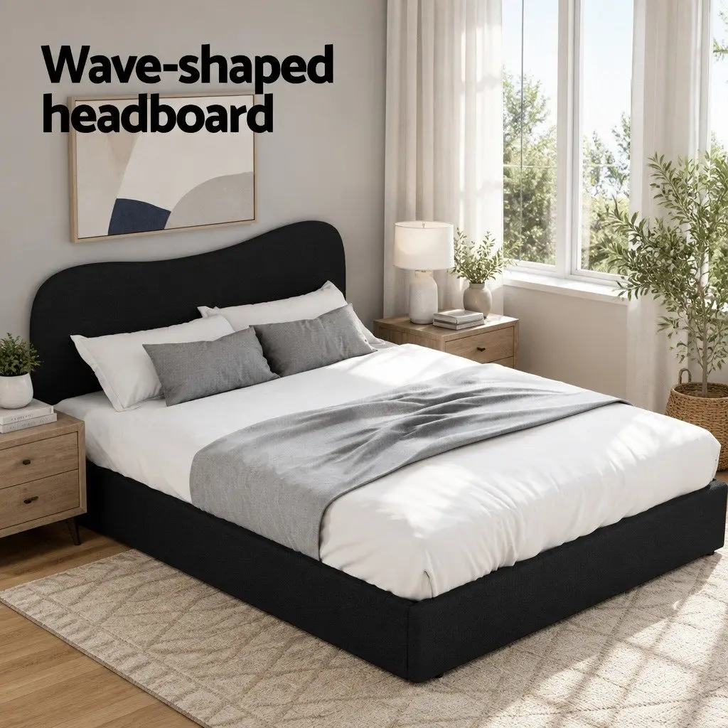 Boucle Fabric Queen Bed Frame with Wooden Support