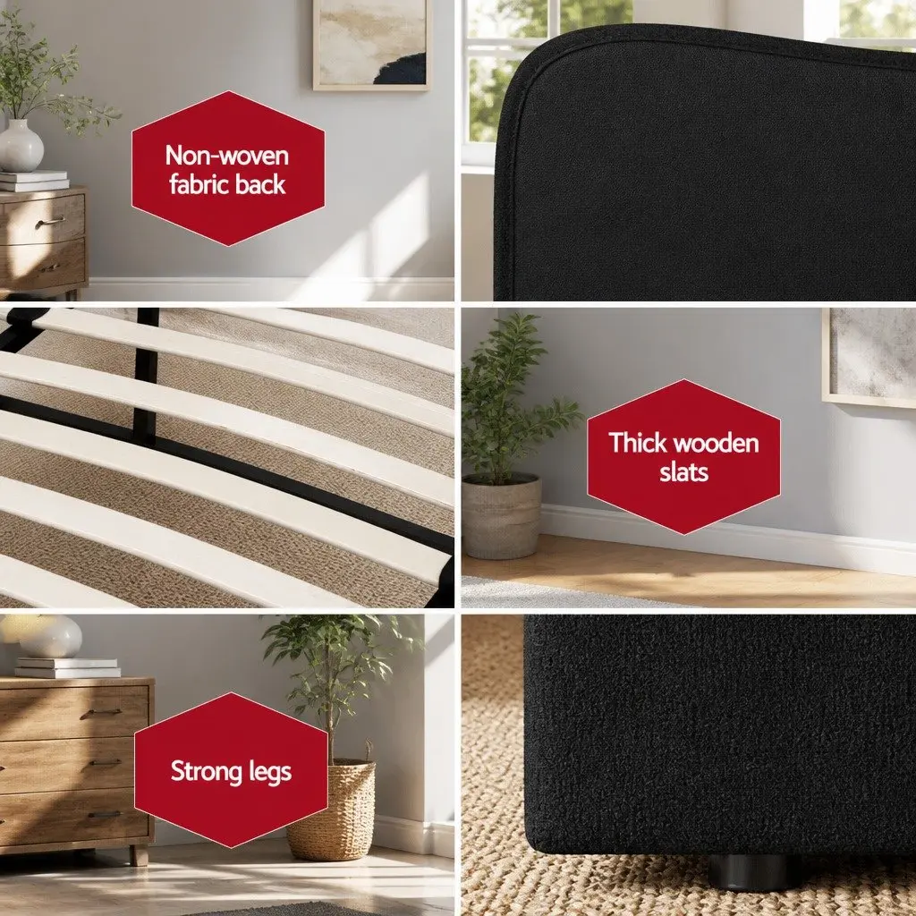 Boucle Fabric Queen Bed Frame with Wooden Support