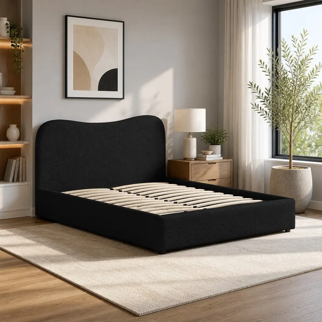 Boucle Fabric Queen Bed Frame with Wooden Support