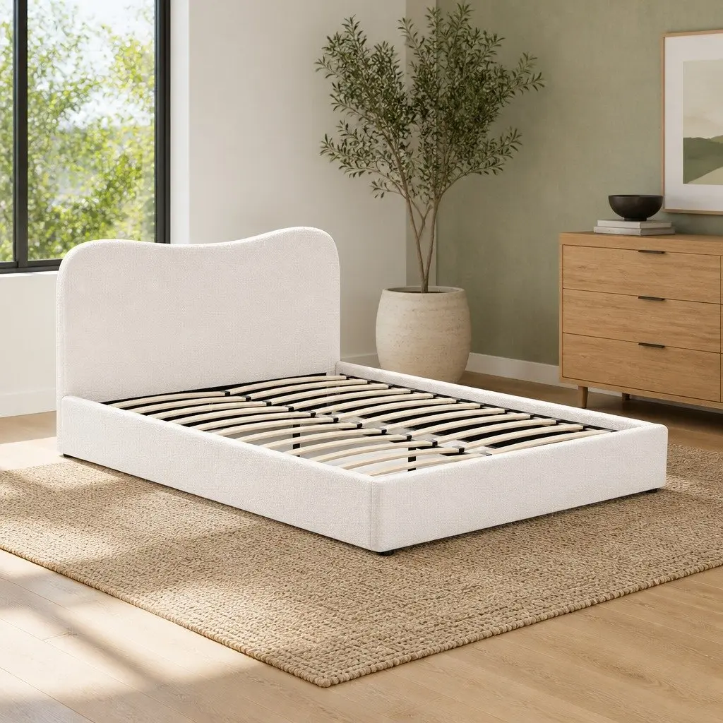 Queen Size Upholstered Bed Frame with Boucle Fabric