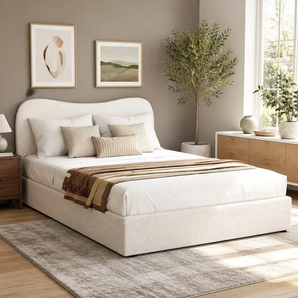 Queen Size Upholstered Bed Frame with Boucle Fabric