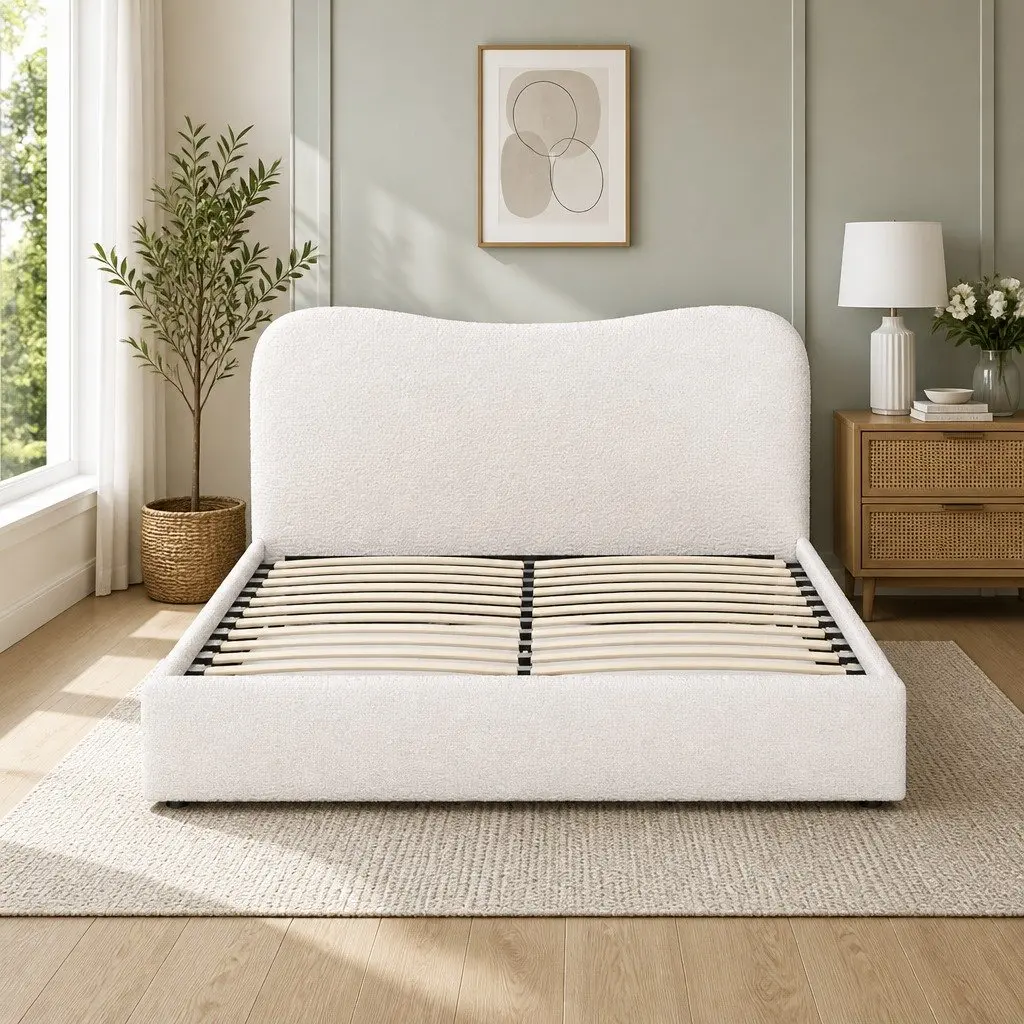 Queen Size Upholstered Bed Frame with Boucle Fabric